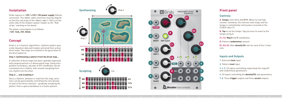 Front panel, Installation, Concept | Controls, Inputs and outputs, Synthesizing sculpting | Mutable Instruments Grids User Manual | Page 2 / 2