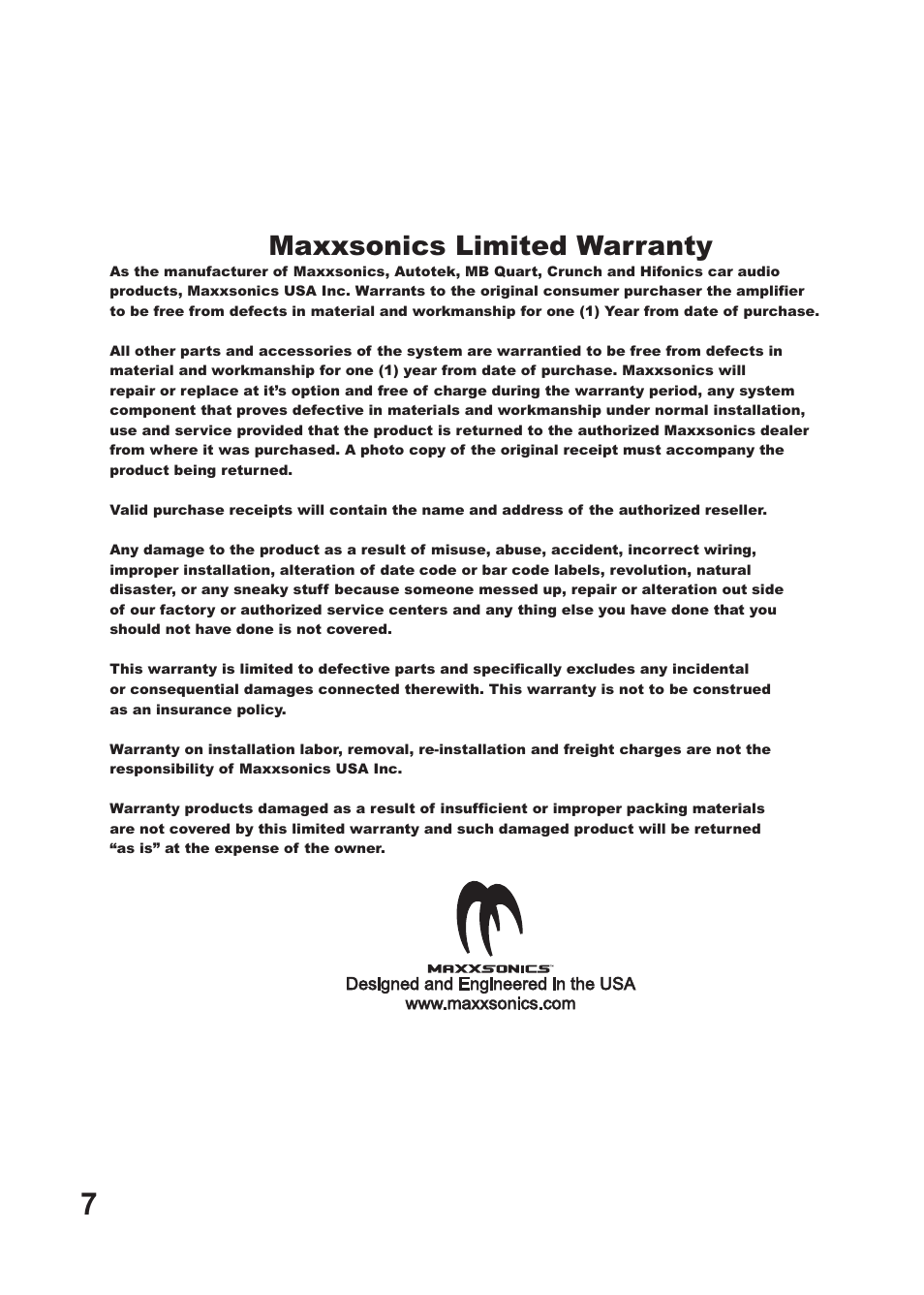 Maxxsonics limited warranty | Crunch GRP5.2C User Manual | Page 8 / 9