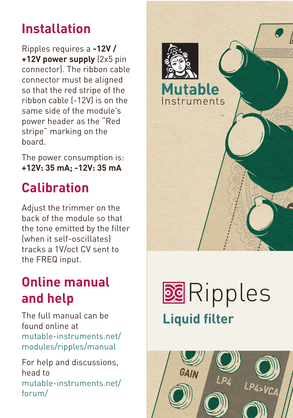 Mutable Instruments Ripples User Manual | 2 pages