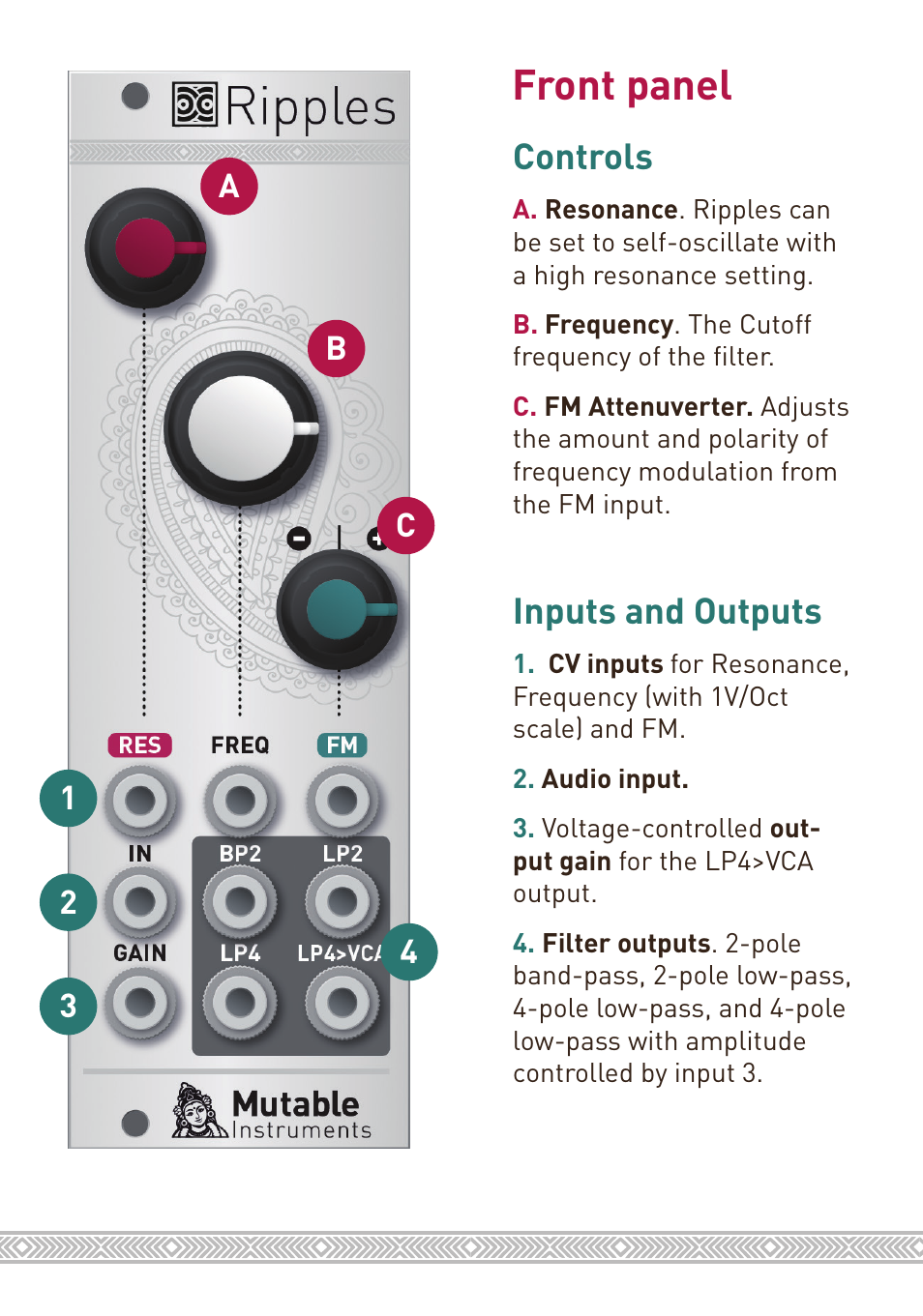 Front panel, Controls, Inputs and outputs | Ab c 1 2 3 4 | Mutable Instruments Ripples User Manual | Page 2 / 2