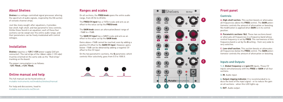 Front panel, About shelves, Installation | Online manual and help, Ranges and scales, Controls, Inputs and outputs | Mutable Instruments Shelves User Manual | Page 2 / 2