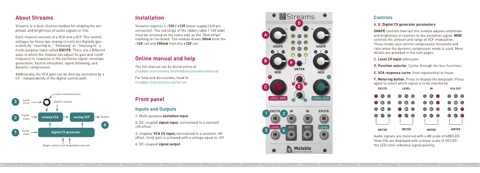 About streams, Installation, Online manual and help | Front panel, Inputs and outputs, Controls | Mutable Instruments Streams User Manual | Page 2 / 2