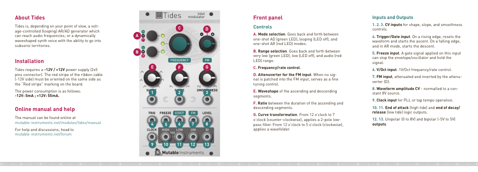 About tides, Installation, Online manual and help | Front panel | Mutable Instruments Tides User Manual | Page 2 / 2