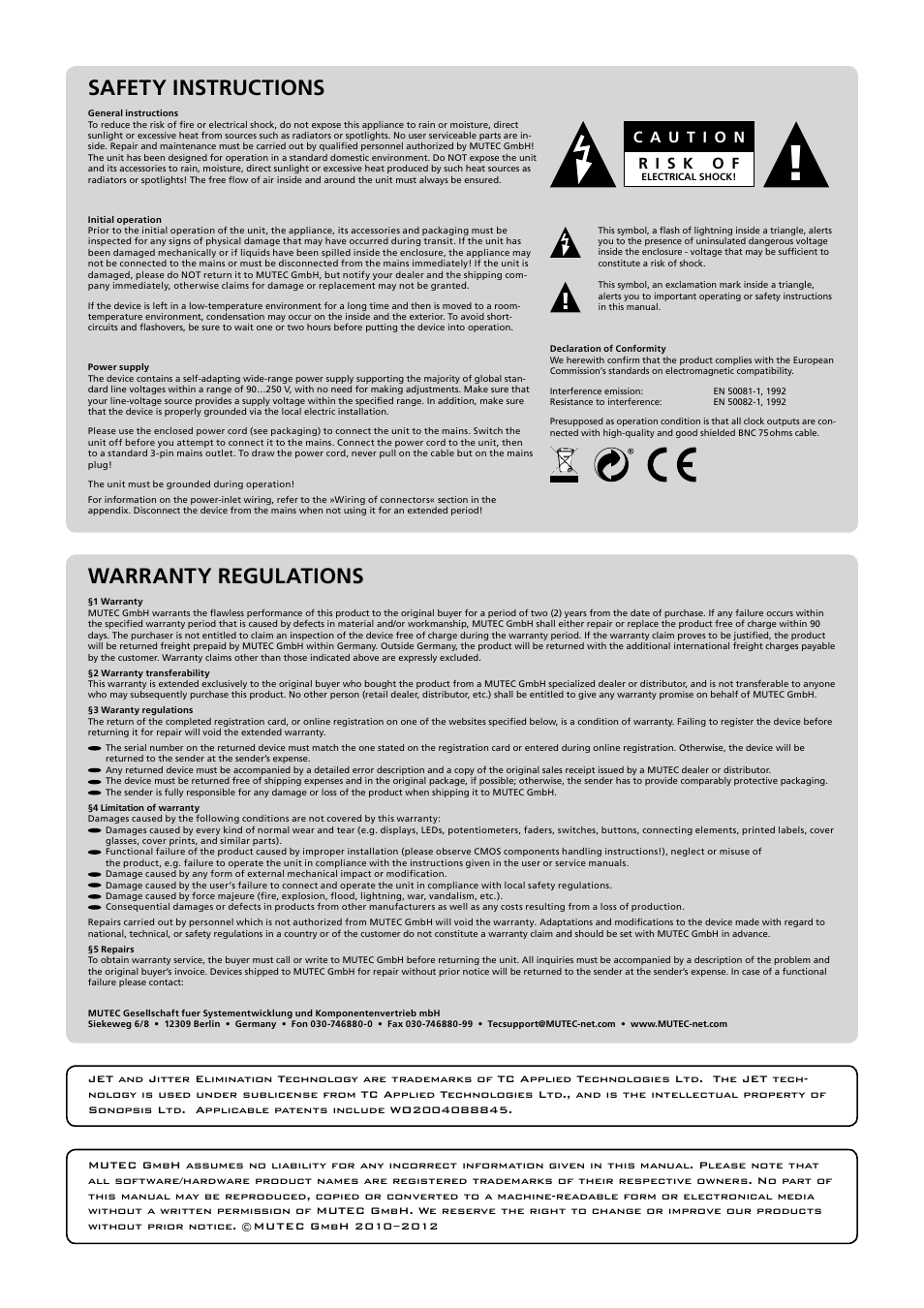 Warranty regulations, Safety instructions | MUTEC MC-8.1 User Manual | Page 3 / 22