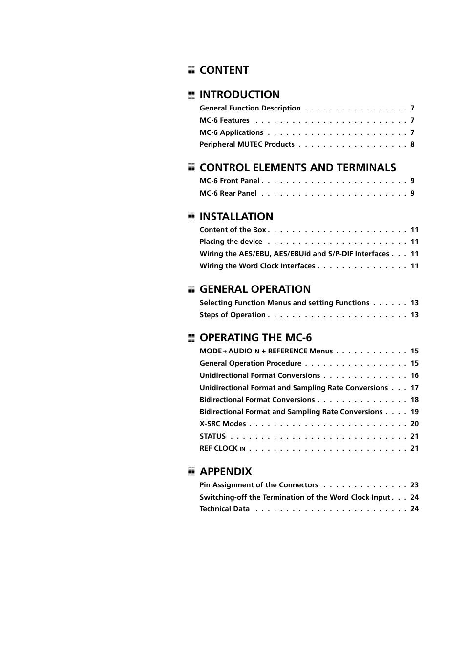 Content introduction, Control elements and terminals, Installation | General operation, Operating the mc-6, Appendix | MUTEC MC-6 User Manual | Page 5 / 26