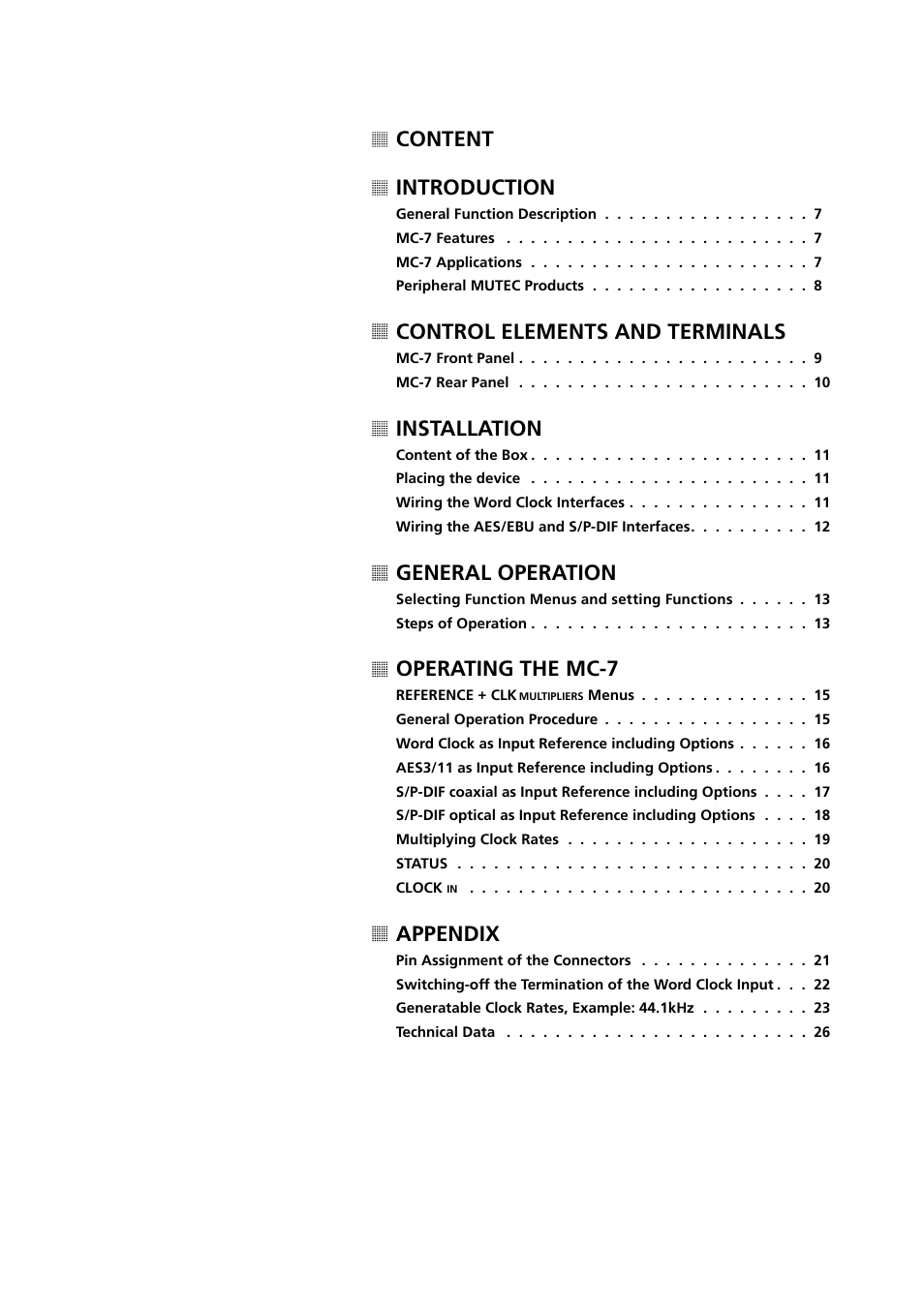 Content introduction, Control elements and terminals, Installation | General operation, Operating the mc-7, Appendix | MUTEC MC-7 User Manual | Page 5 / 28