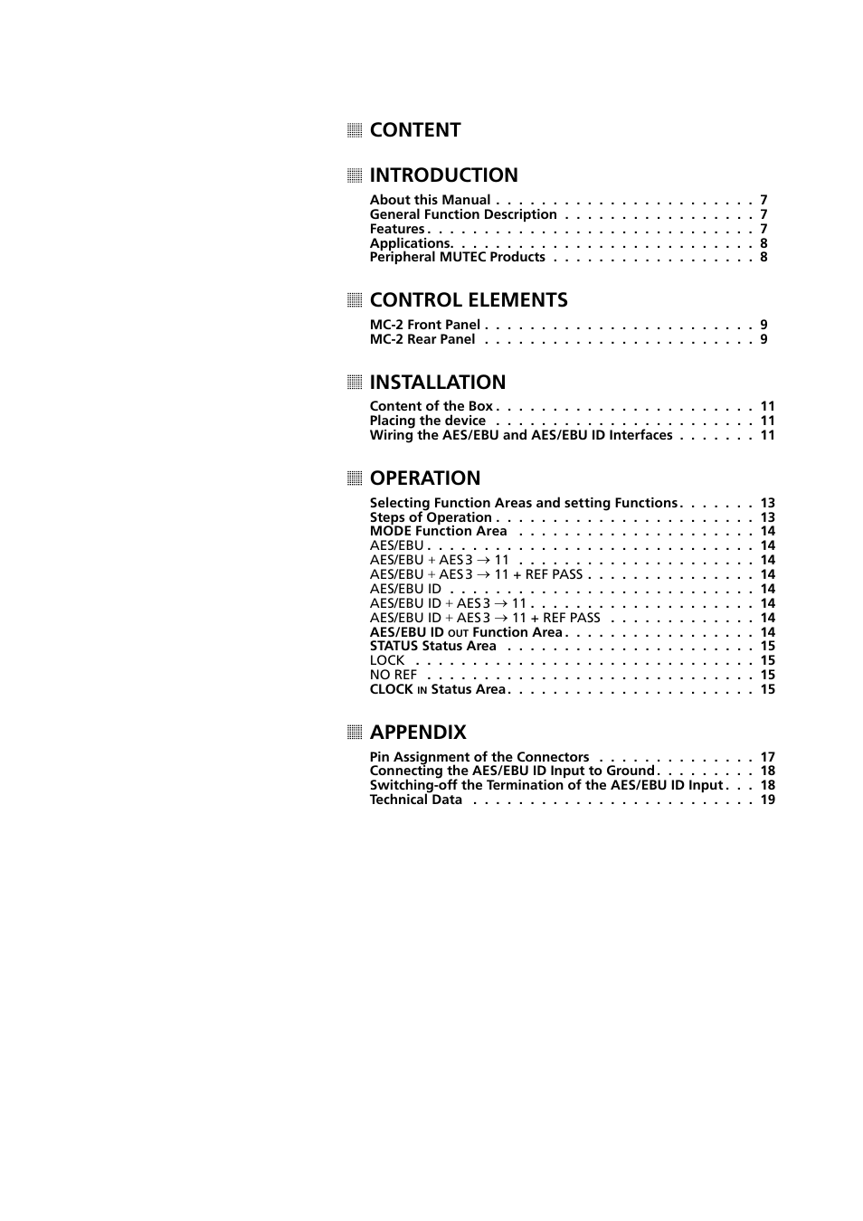 Content introduction, Control elements, Installation | Operation, Appendix | MUTEC MC-2 User Manual | Page 5 / 20