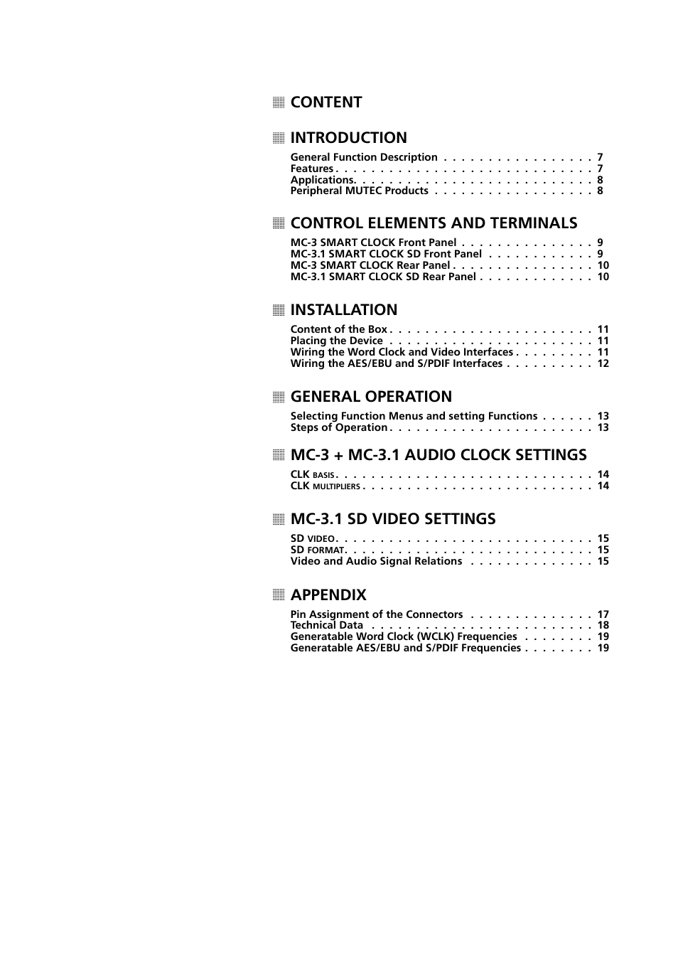 Content introduction, Control elements and terminals, Installation | General operation, Mc-3 + mc-3.1 audio clock settings, Mc-3.1 sd video settings, Appendix | MUTEC MC-3.1 Smart Clock User Manual | Page 5 / 20