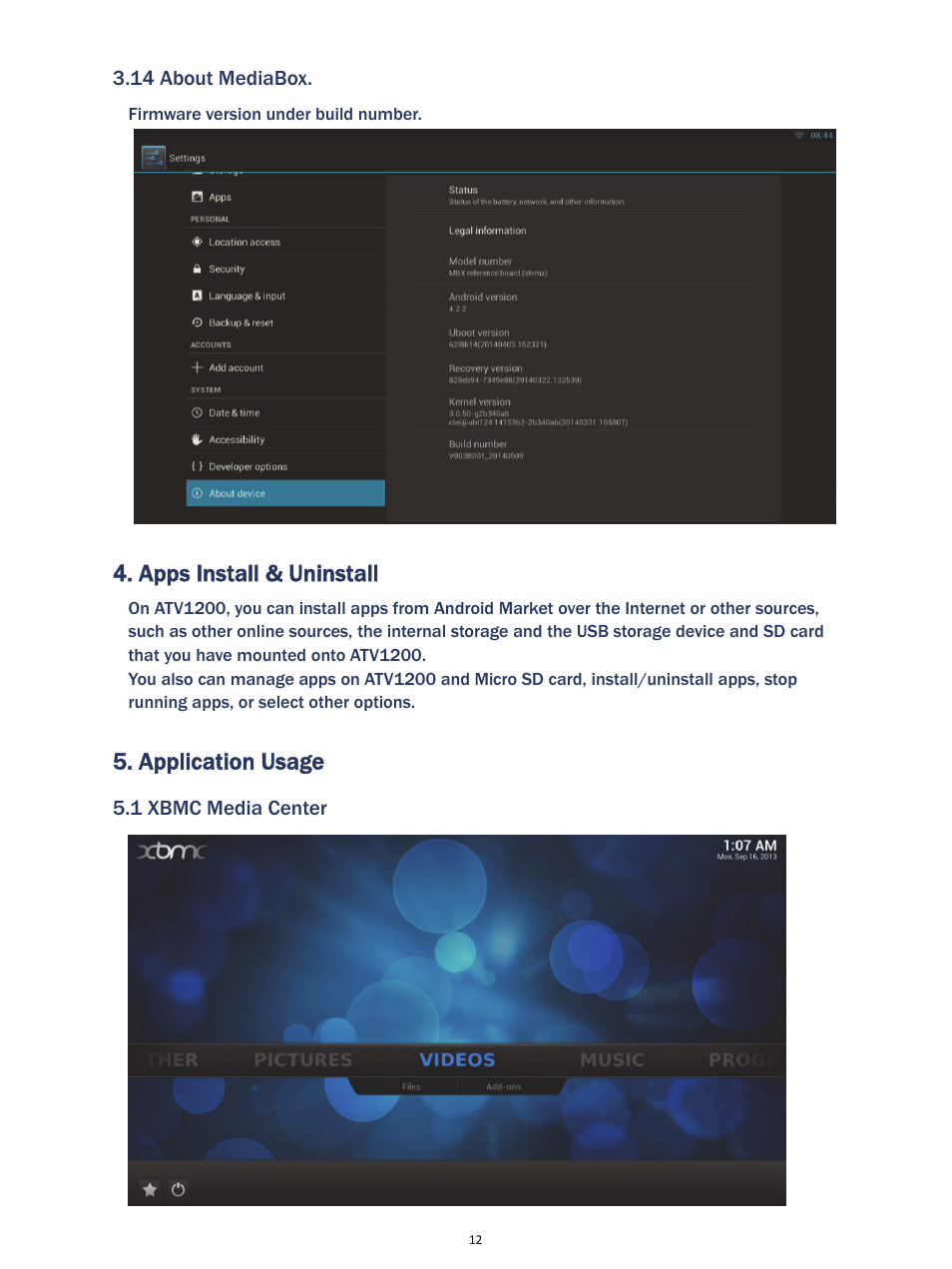 Apps install & uninstall, Application usage | MyGica ATV1200 User Manual | Page 14 / 24