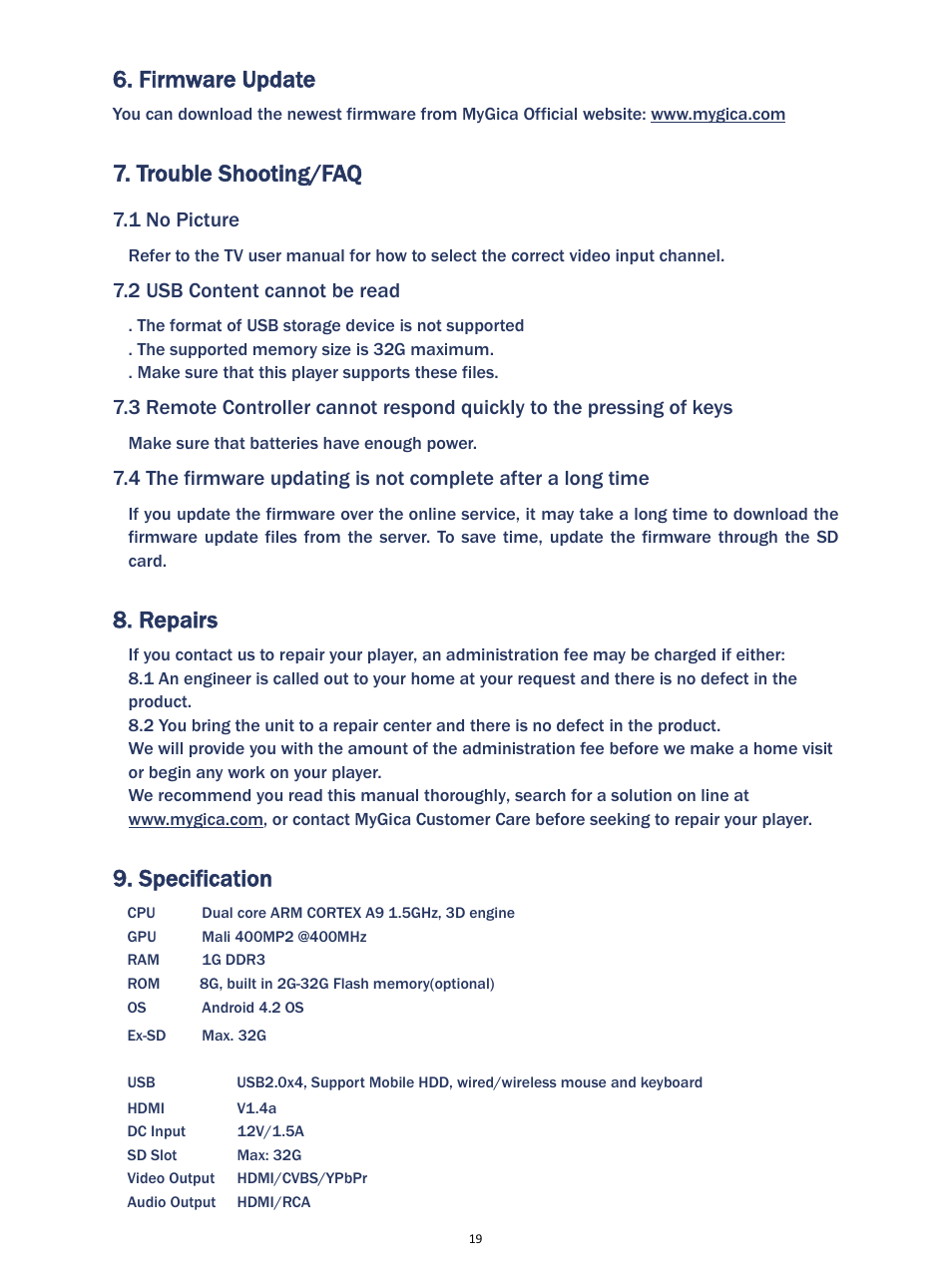 Firmware update, Trouble shooting/faq, Repairs | Specification | MyGica ATV1200 User Manual | Page 21 / 24