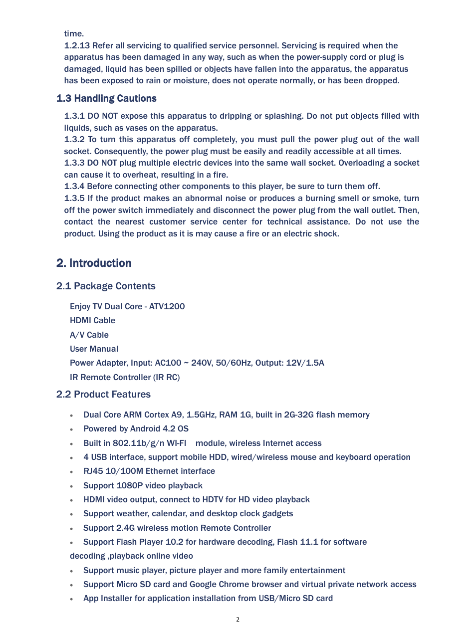 Introduction, 3 handling cautions, 1 package contents | 2 product features | MyGica ATV1200 User Manual | Page 4 / 24