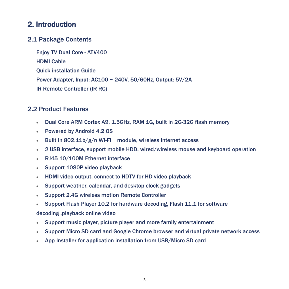 Introduction, 1 package contents, 2 product features | MyGica ATV400 User Manual | Page 5 / 36