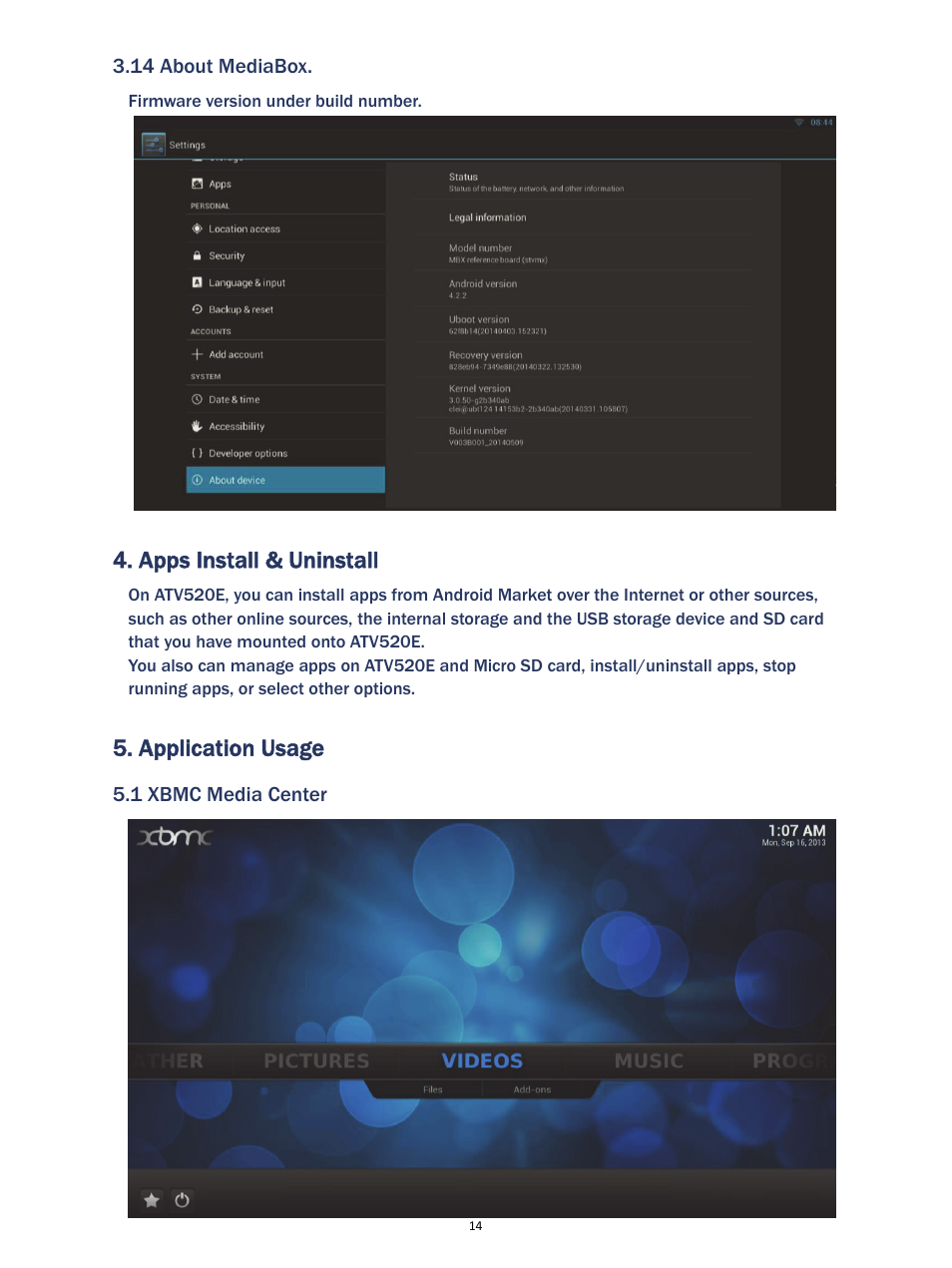 Apps install & uninstall, Application usage | MyGica ATV520E User Manual | Page 14 / 24