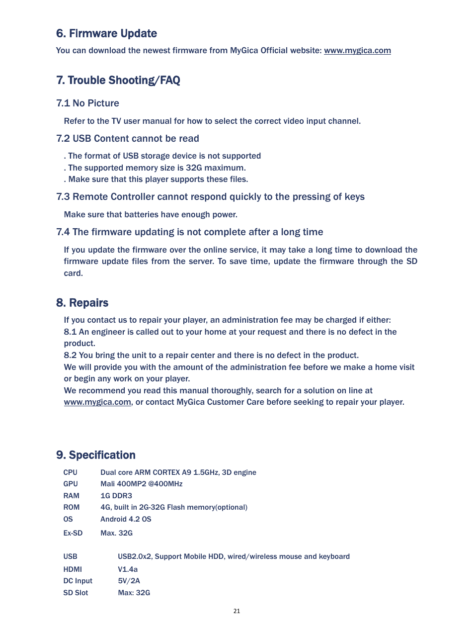 Firmware update, Trouble shooting/faq, Repairs | Specification | MyGica ATV520E User Manual | Page 21 / 24