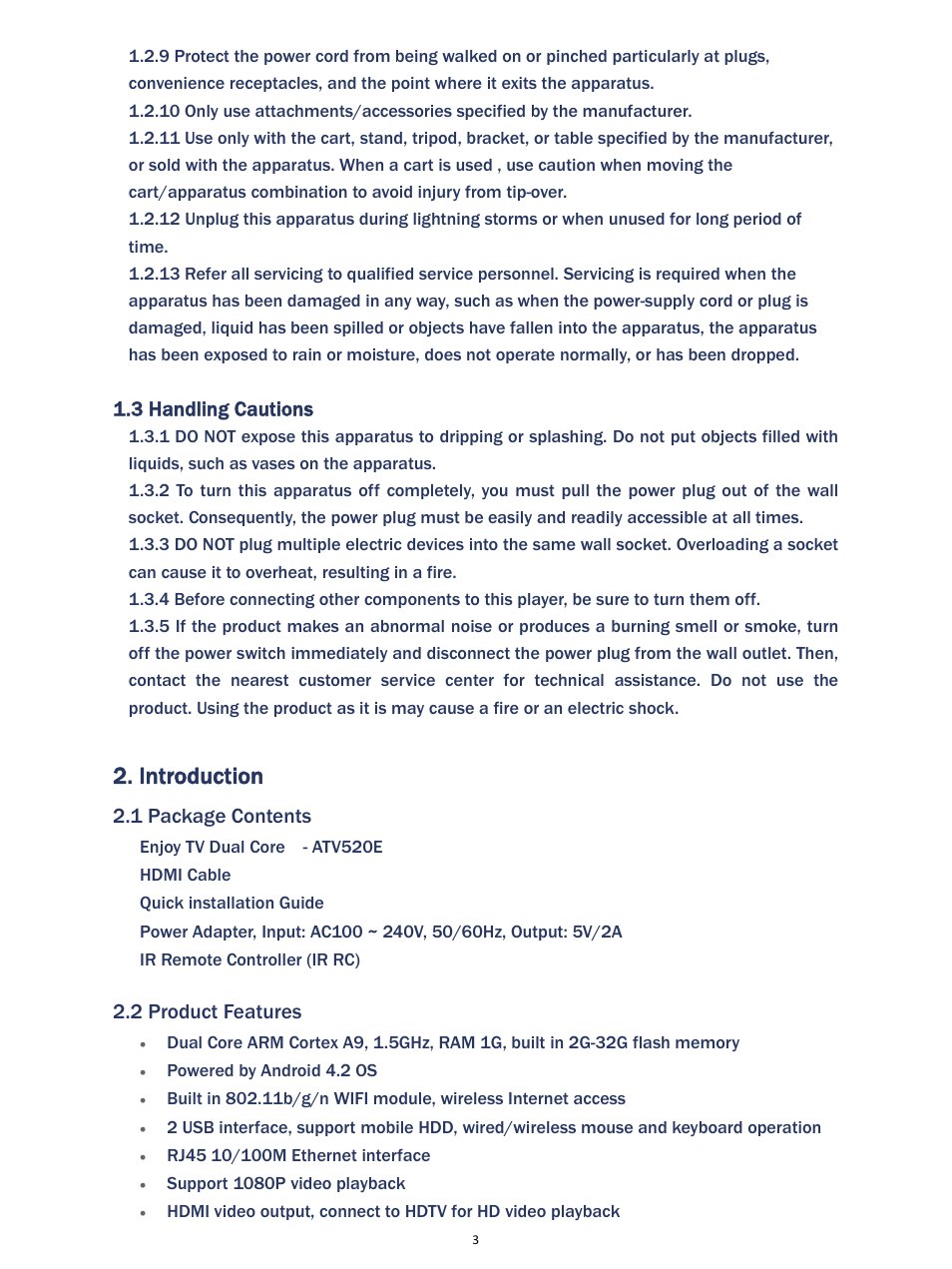 Introduction, 3 handling cautions, 1 package contents | 2 product features | MyGica ATV520E User Manual | Page 3 / 24