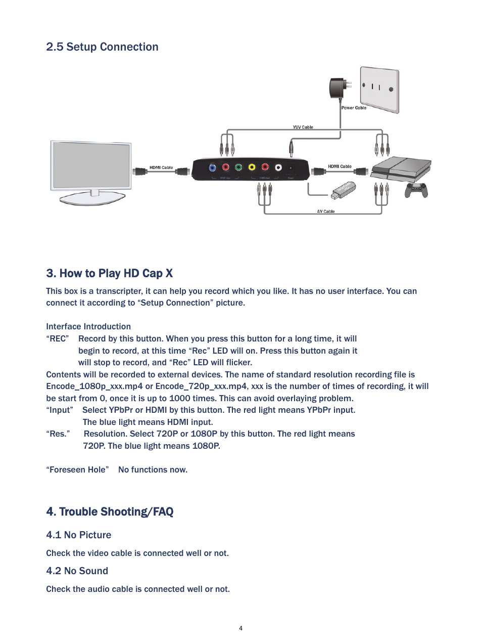 5 setup connection, How to play hd cap x, Trouble shooting/faq | MyGica HDCap X User Manual | Page 5 / 6