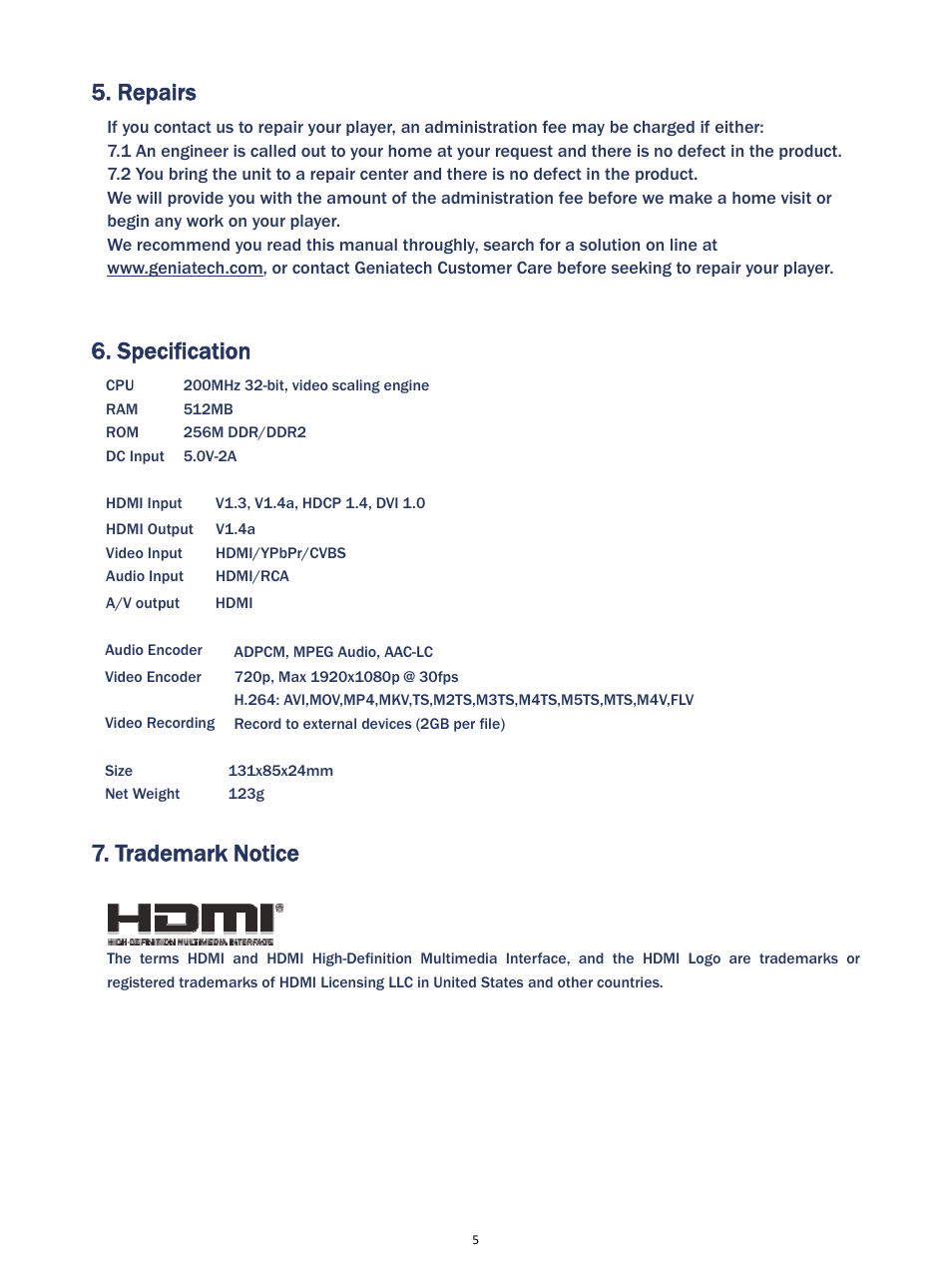 Repairs, Specification, Trademark notice | MyGica HDCap X User Manual | Page 6 / 6