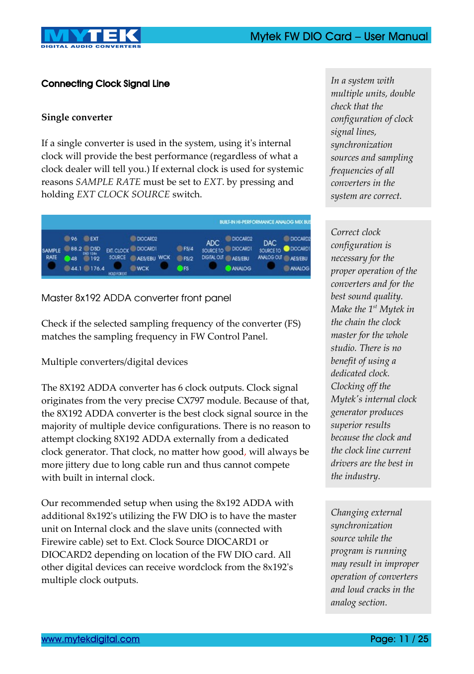 Connecting clock signal line | Mytek Digital FW DIO Card (ver. 1.2 / Nov 2010) User Manual | Page 11 / 25