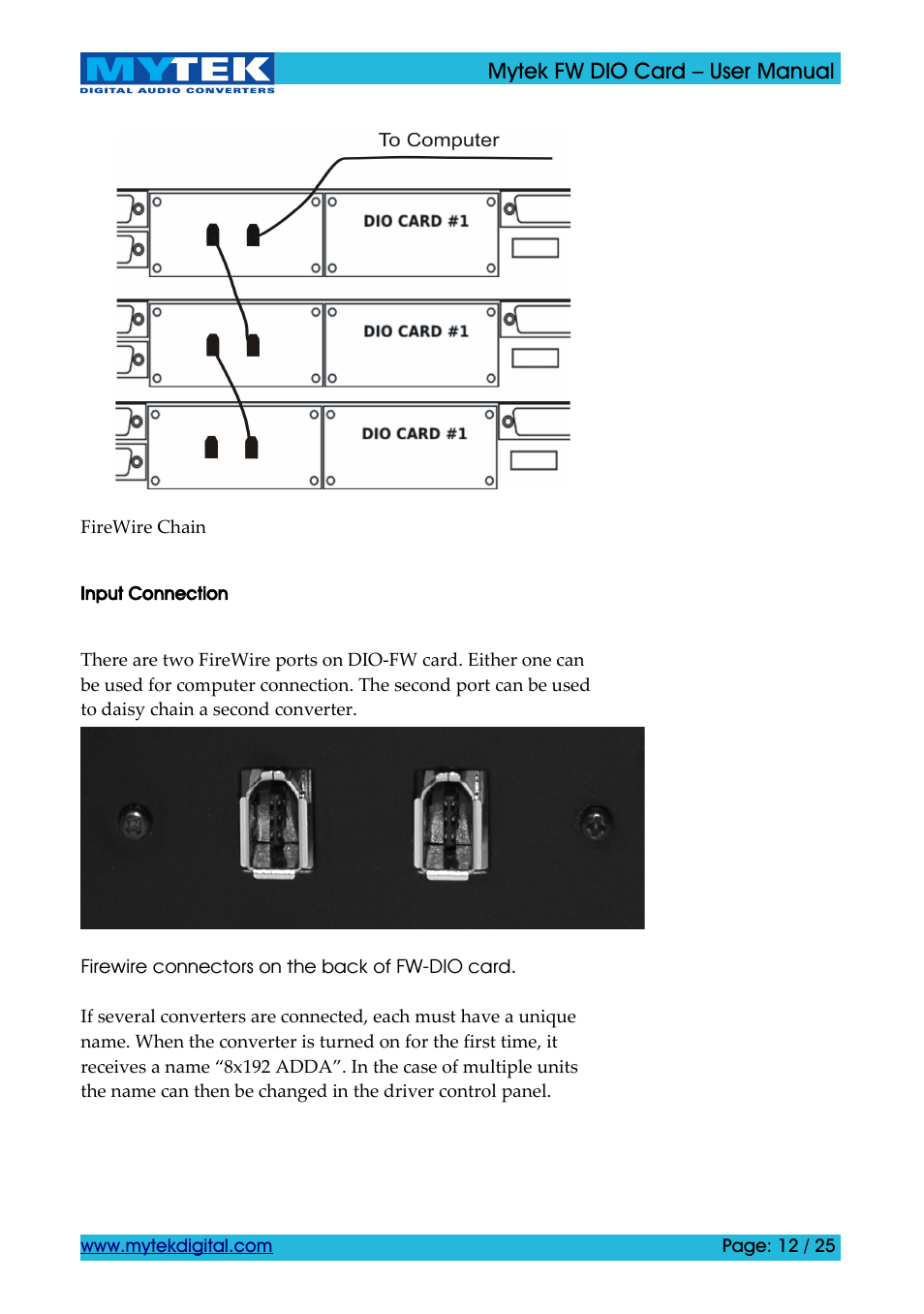 Input connection | Mytek Digital FW DIO Card (ver. 1.2 / Nov 2010) User Manual | Page 12 / 25