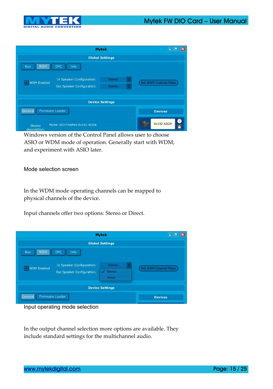 Mytek Digital FW DIO Card (ver. 1.2 / Nov 2010) User Manual | Page 15 / 25