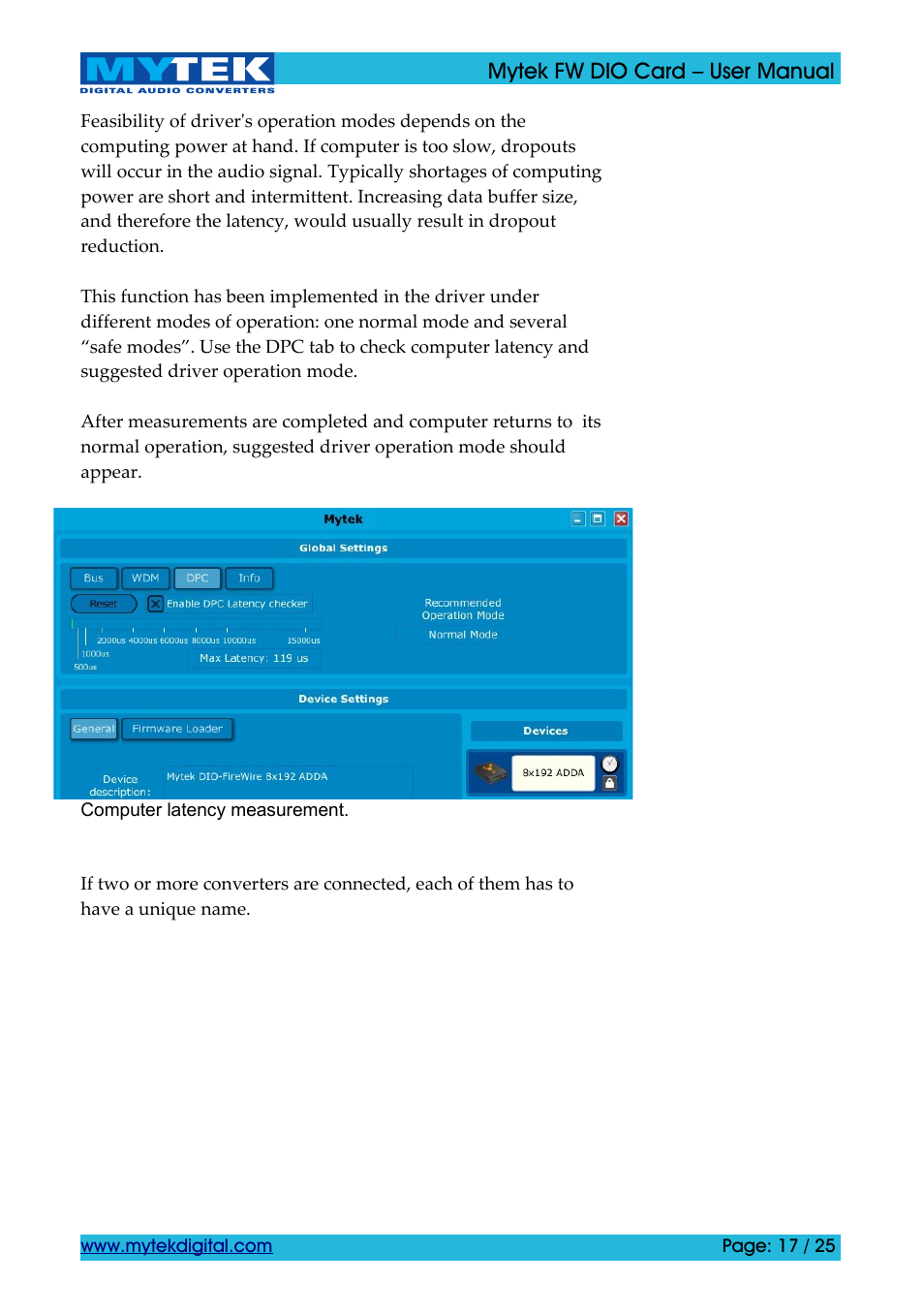 Mytek Digital FW DIO Card (ver. 1.2 / Nov 2010) User Manual | Page 17 / 25