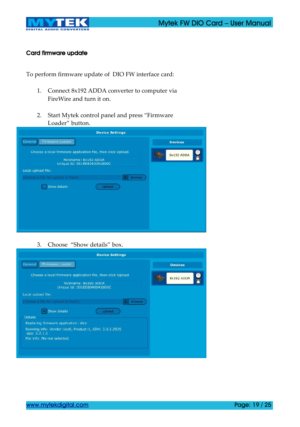 Card firmware update | Mytek Digital FW DIO Card (ver. 1.2 / Nov 2010) User Manual | Page 19 / 25