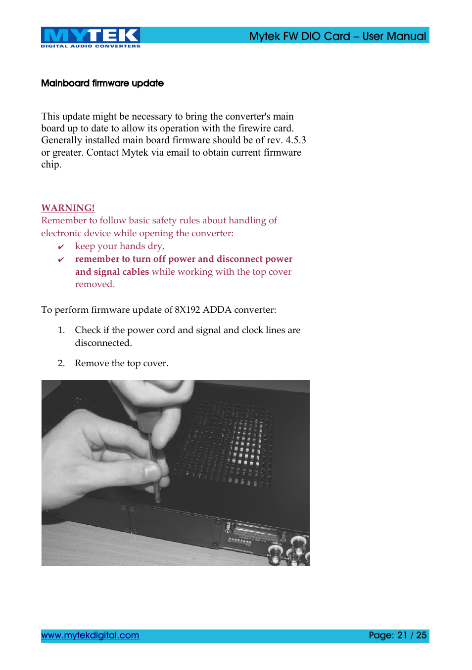 Mainboard firmware update | Mytek Digital FW DIO Card (ver. 1.2 / Nov 2010) User Manual | Page 21 / 25