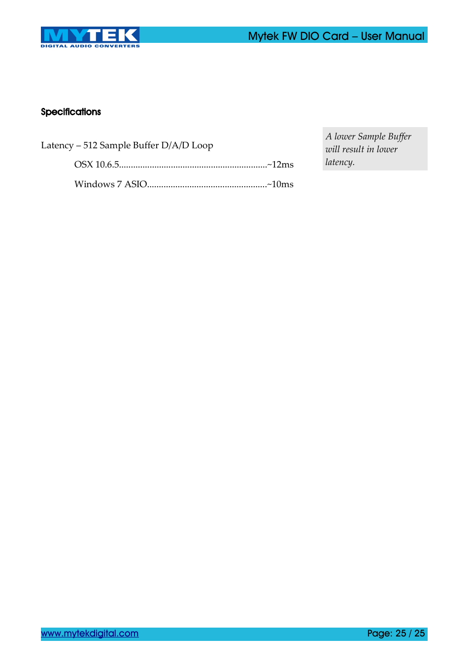 Specifications | Mytek Digital FW DIO Card (ver. 1.2 / Nov 2010) User Manual | Page 25 / 25