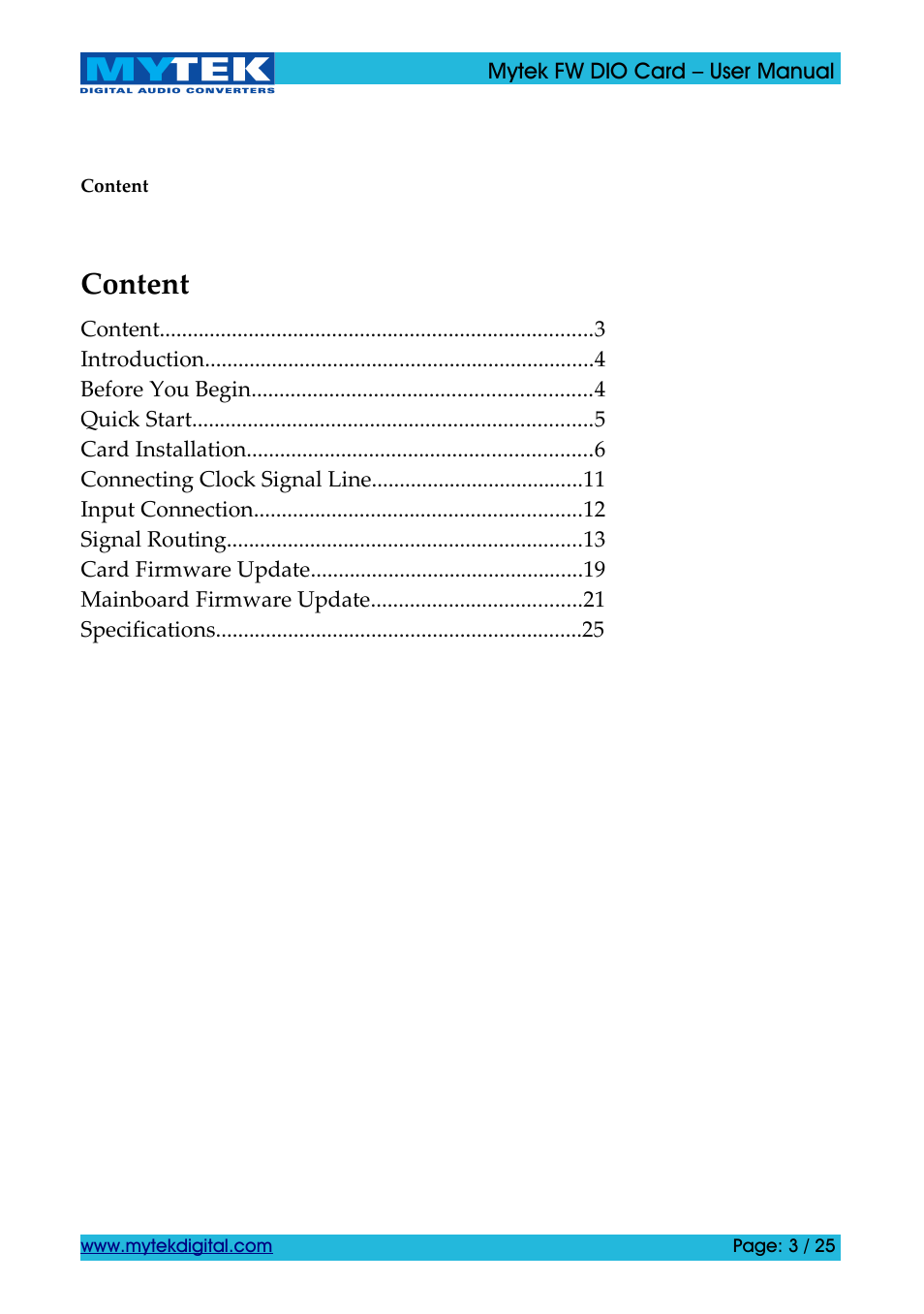 Content | Mytek Digital FW DIO Card (ver. 1.2 / Nov 2010) User Manual | Page 3 / 25