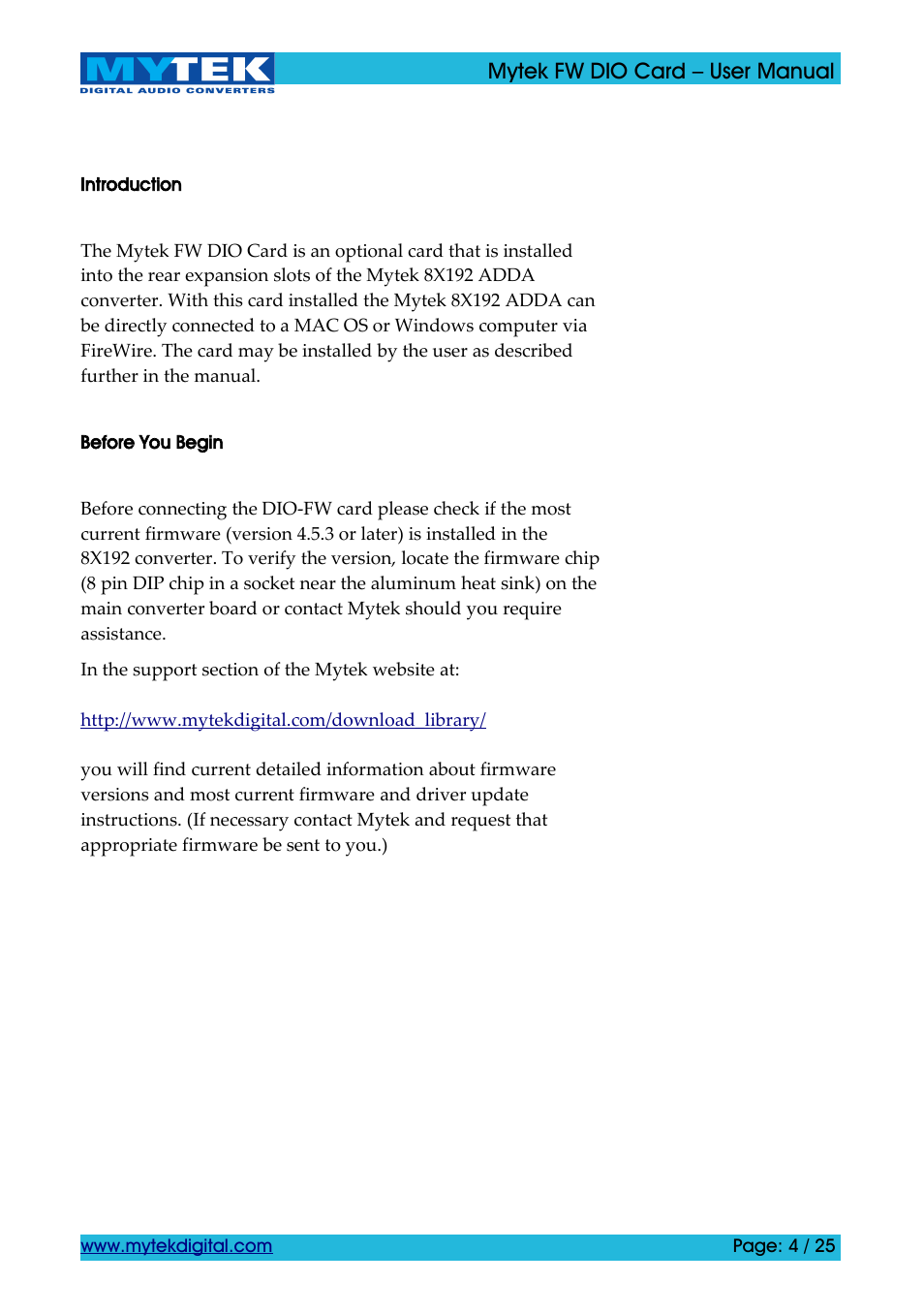Introduction, Before you begin | Mytek Digital FW DIO Card (ver. 1.2 / Nov 2010) User Manual | Page 4 / 25