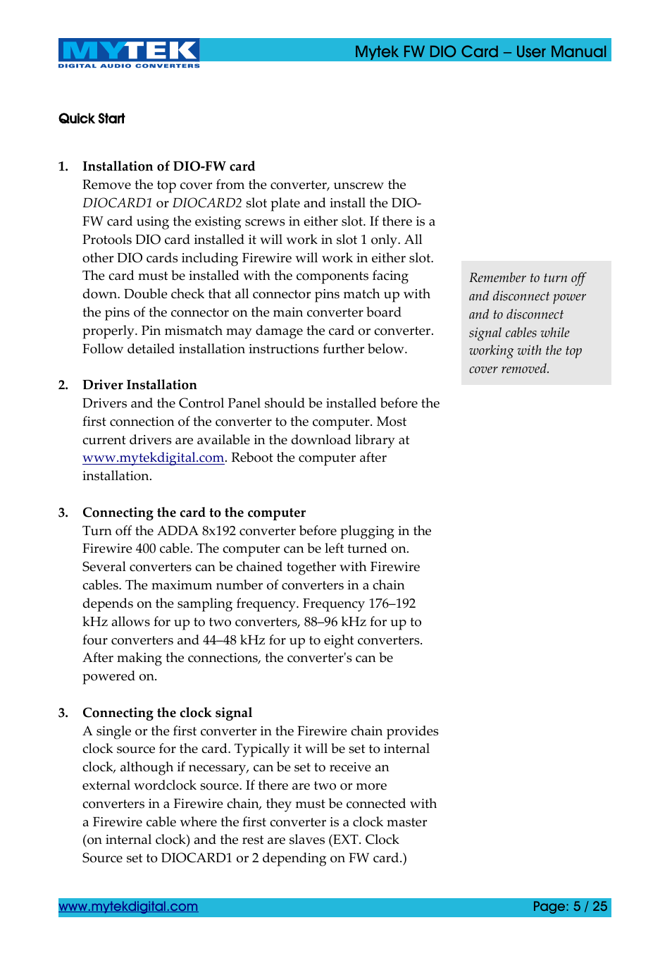 Quick start | Mytek Digital FW DIO Card (ver. 1.2 / Nov 2010) User Manual | Page 5 / 25