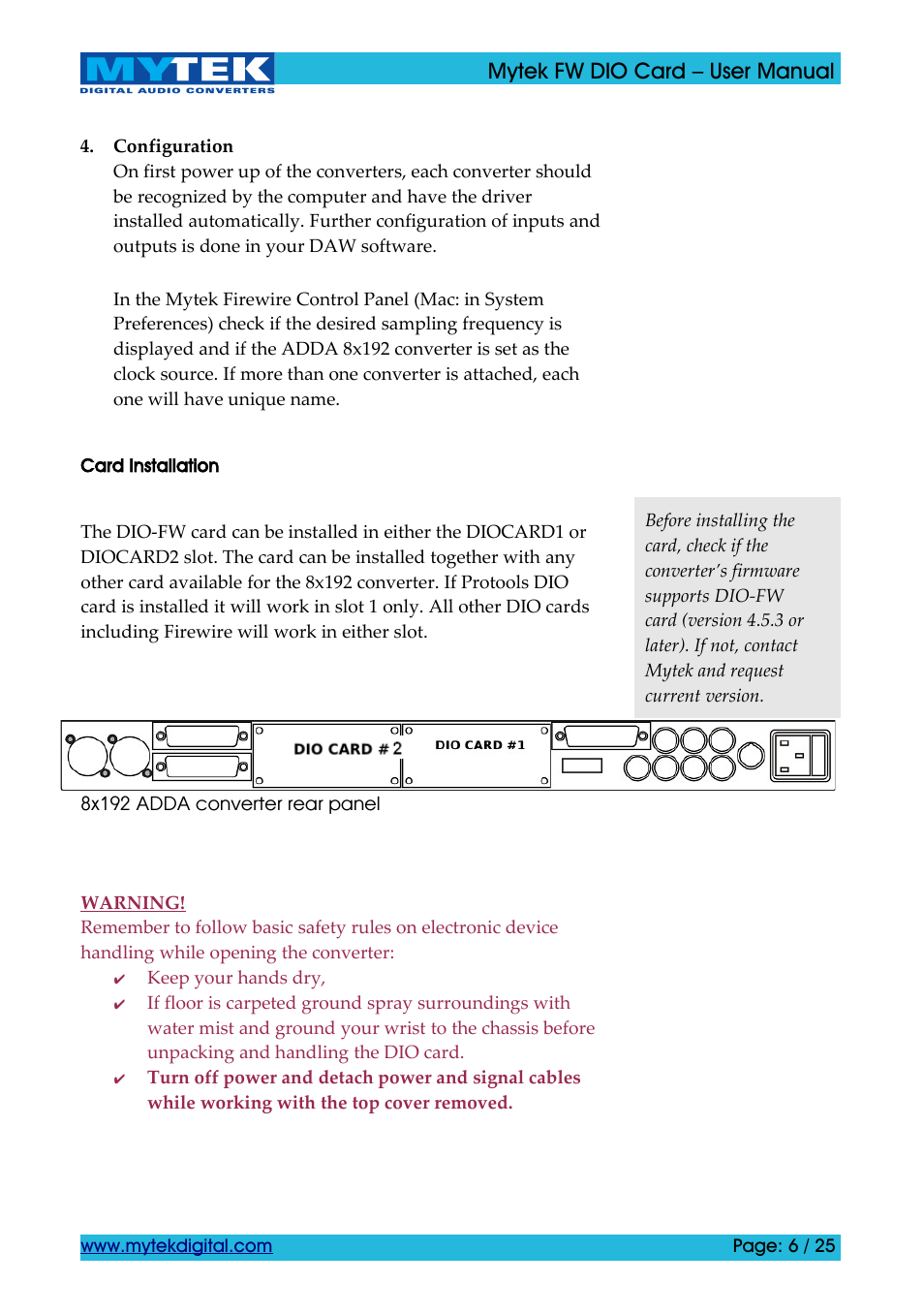 Card installation | Mytek Digital FW DIO Card (ver. 1.2 / Nov 2010) User Manual | Page 6 / 25