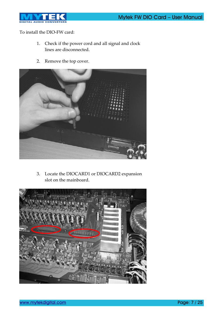 Mytek Digital FW DIO Card (ver. 1.2 / Nov 2010) User Manual | Page 7 / 25