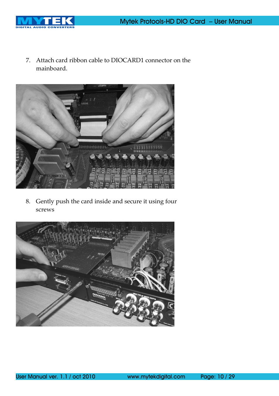 Mytek Digital Protools HD DIO Card (ver. 1.1 / Oct 2010) User Manual | Page 10 / 29