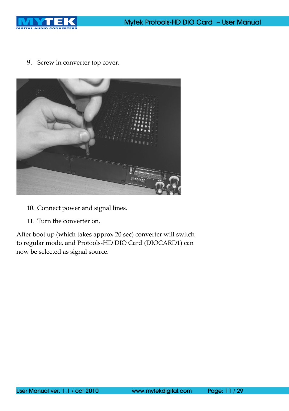 Mytek Digital Protools HD DIO Card (ver. 1.1 / Oct 2010) User Manual | Page 11 / 29