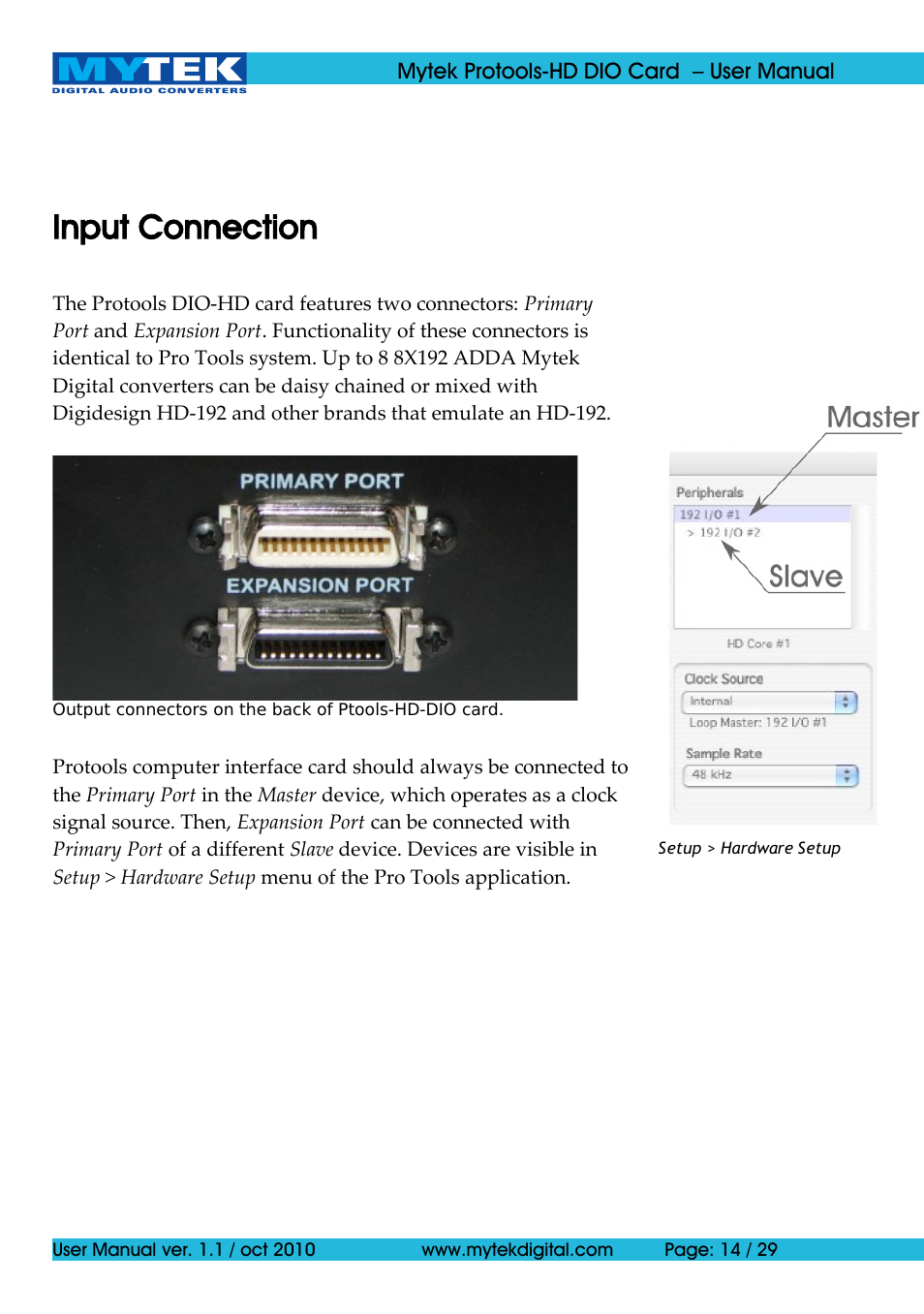 Input connection | Mytek Digital Protools HD DIO Card (ver. 1.1 / Oct 2010) User Manual | Page 14 / 29