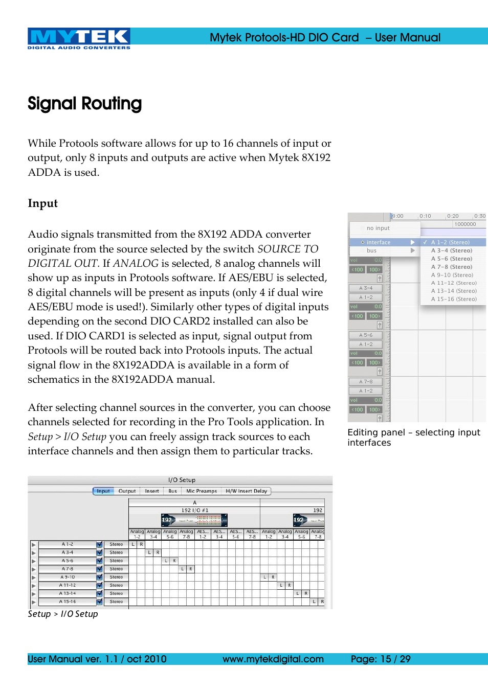 Signal routing | Mytek Digital Protools HD DIO Card (ver. 1.1 / Oct 2010) User Manual | Page 15 / 29