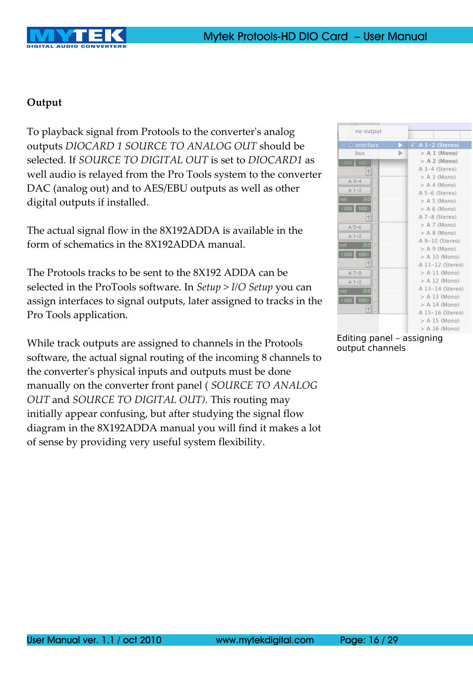 Mytek Digital Protools HD DIO Card (ver. 1.1 / Oct 2010) User Manual | Page 16 / 29
