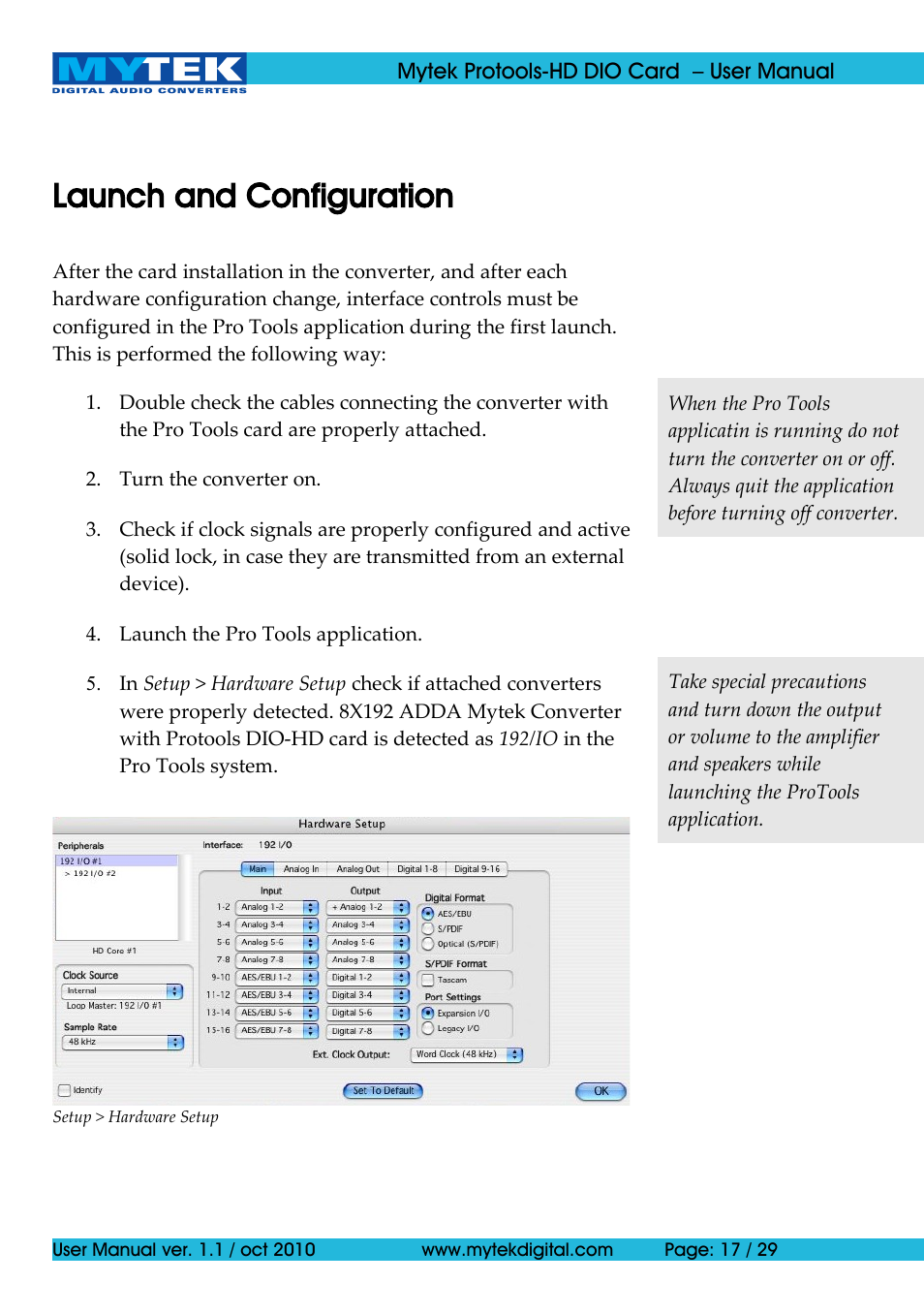 Launch and configuration | Mytek Digital Protools HD DIO Card (ver. 1.1 / Oct 2010) User Manual | Page 17 / 29