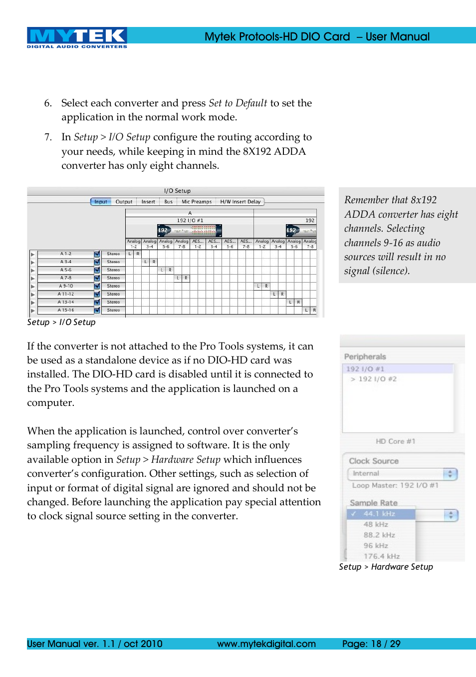 Mytek Digital Protools HD DIO Card (ver. 1.1 / Oct 2010) User Manual | Page 18 / 29