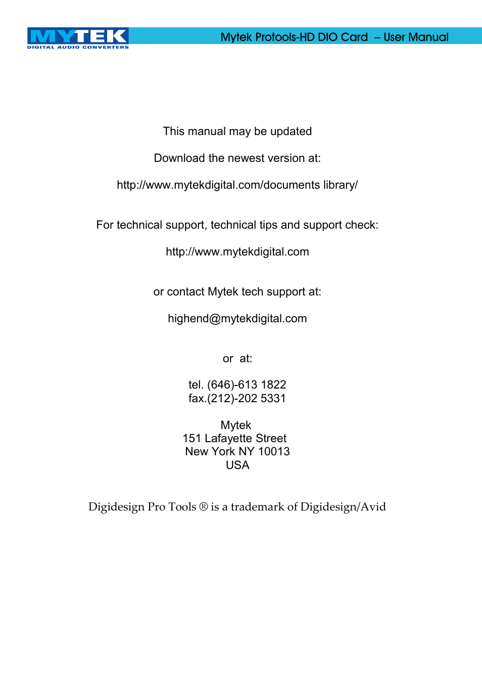 Mytek Digital Protools HD DIO Card (ver. 1.1 / Oct 2010) User Manual | Page 2 / 29