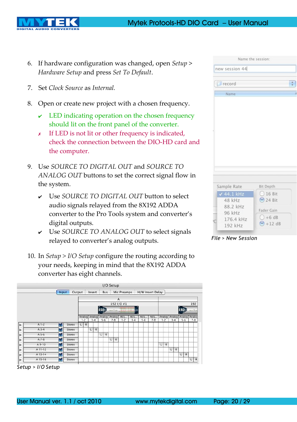 Mytek Digital Protools HD DIO Card (ver. 1.1 / Oct 2010) User Manual | Page 20 / 29