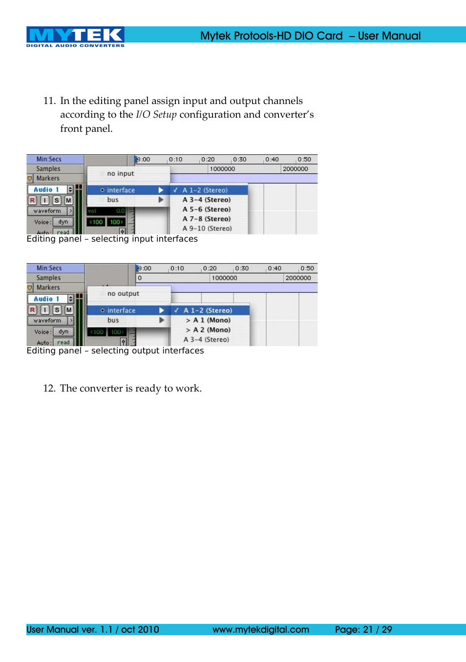 Mytek Digital Protools HD DIO Card (ver. 1.1 / Oct 2010) User Manual | Page 21 / 29