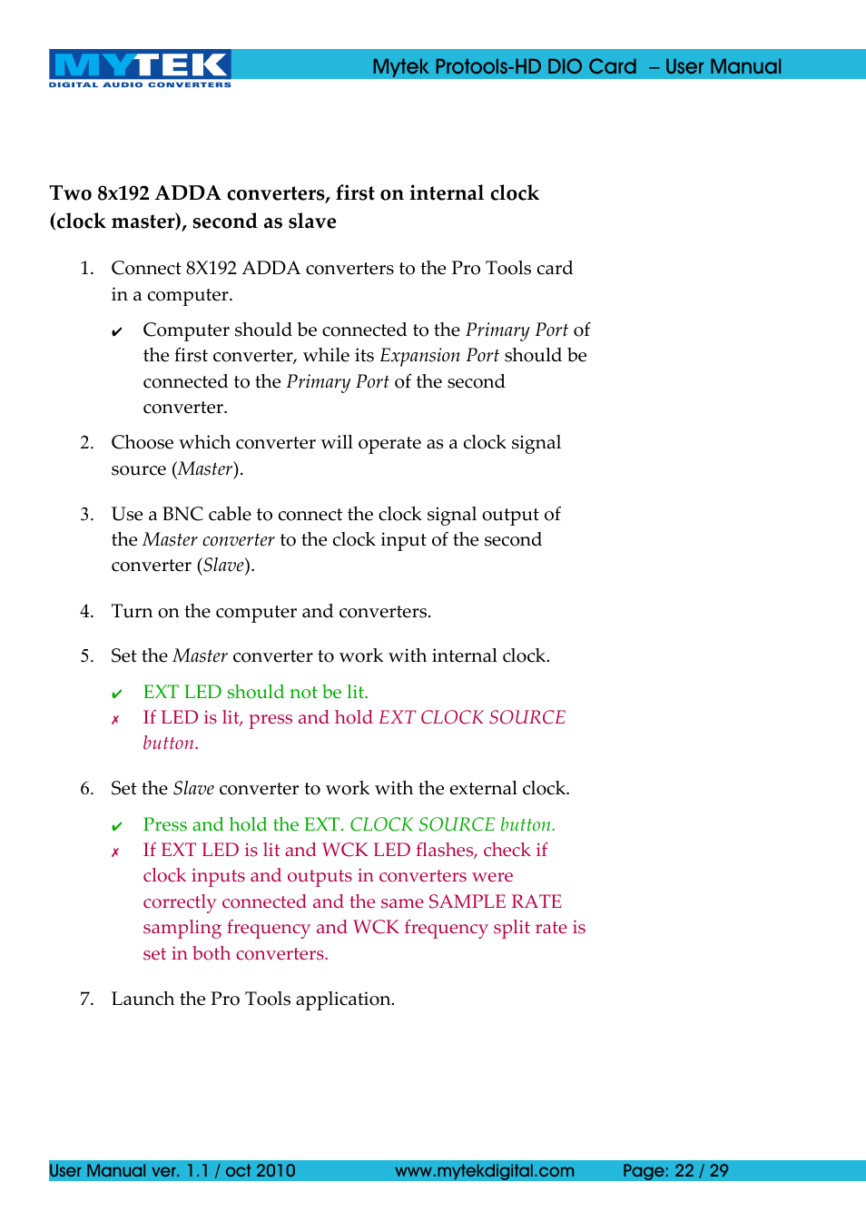 Mytek Digital Protools HD DIO Card (ver. 1.1 / Oct 2010) User Manual | Page 22 / 29