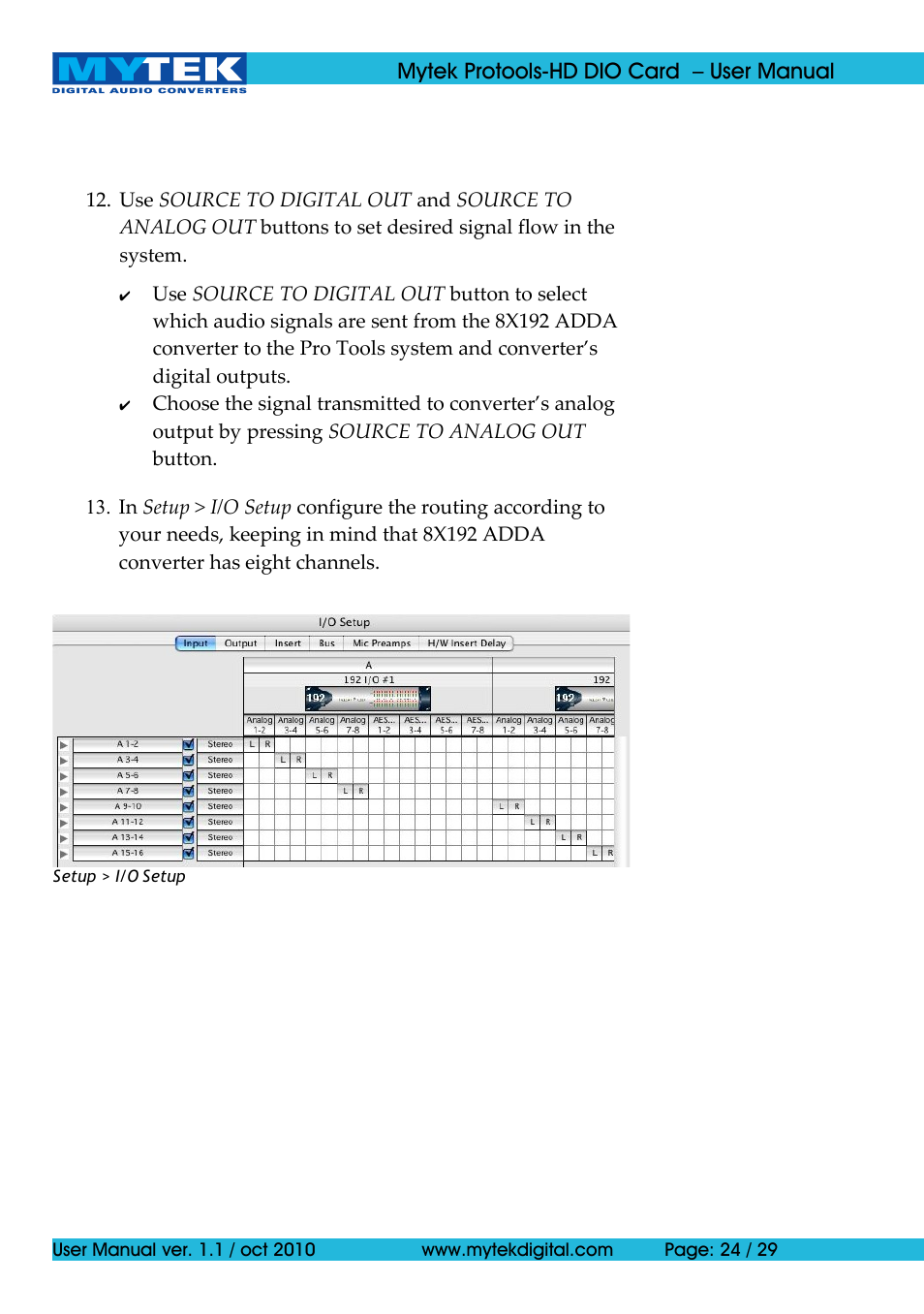 Mytek Digital Protools HD DIO Card (ver. 1.1 / Oct 2010) User Manual | Page 24 / 29