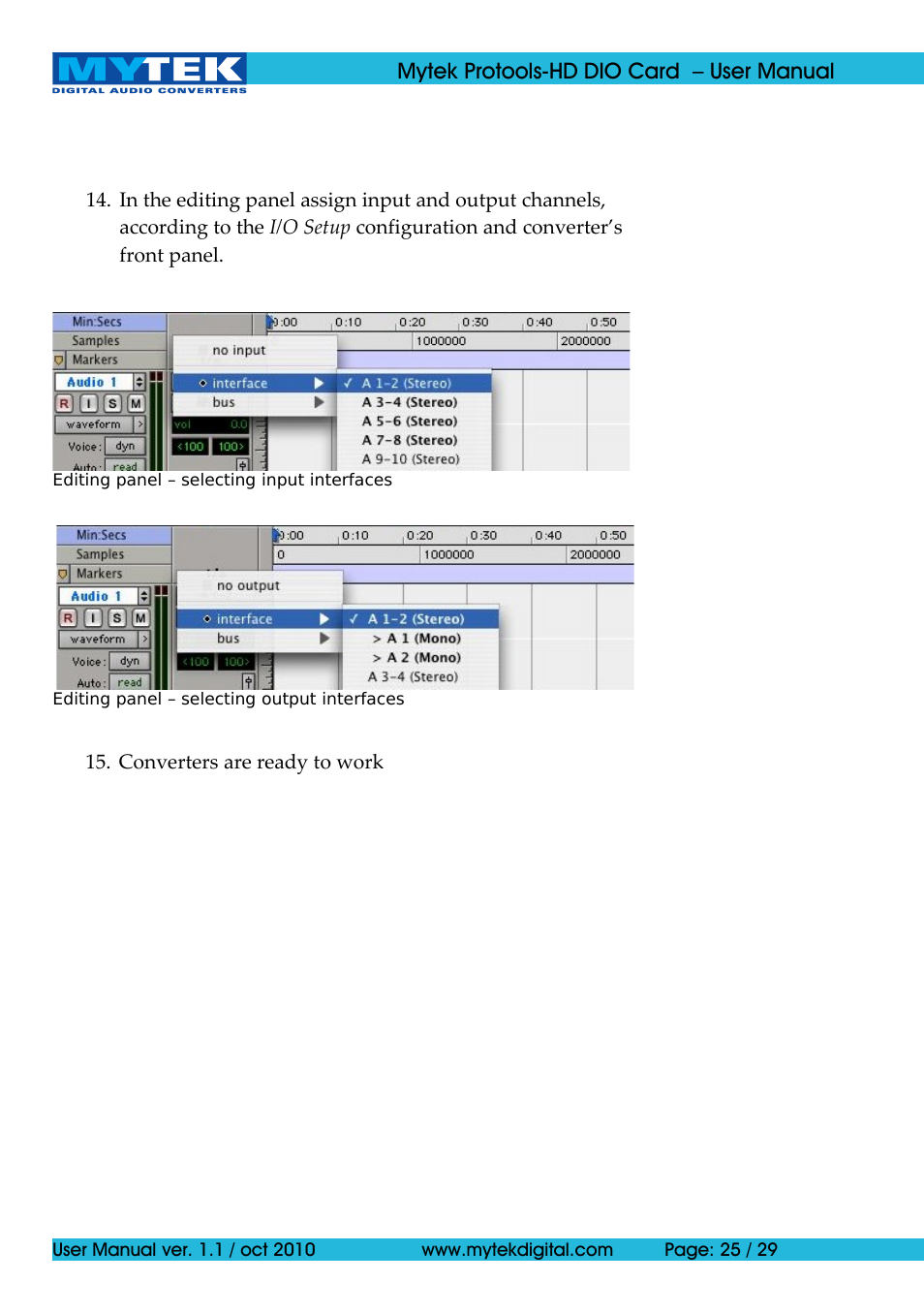 Mytek Digital Protools HD DIO Card (ver. 1.1 / Oct 2010) User Manual | Page 25 / 29