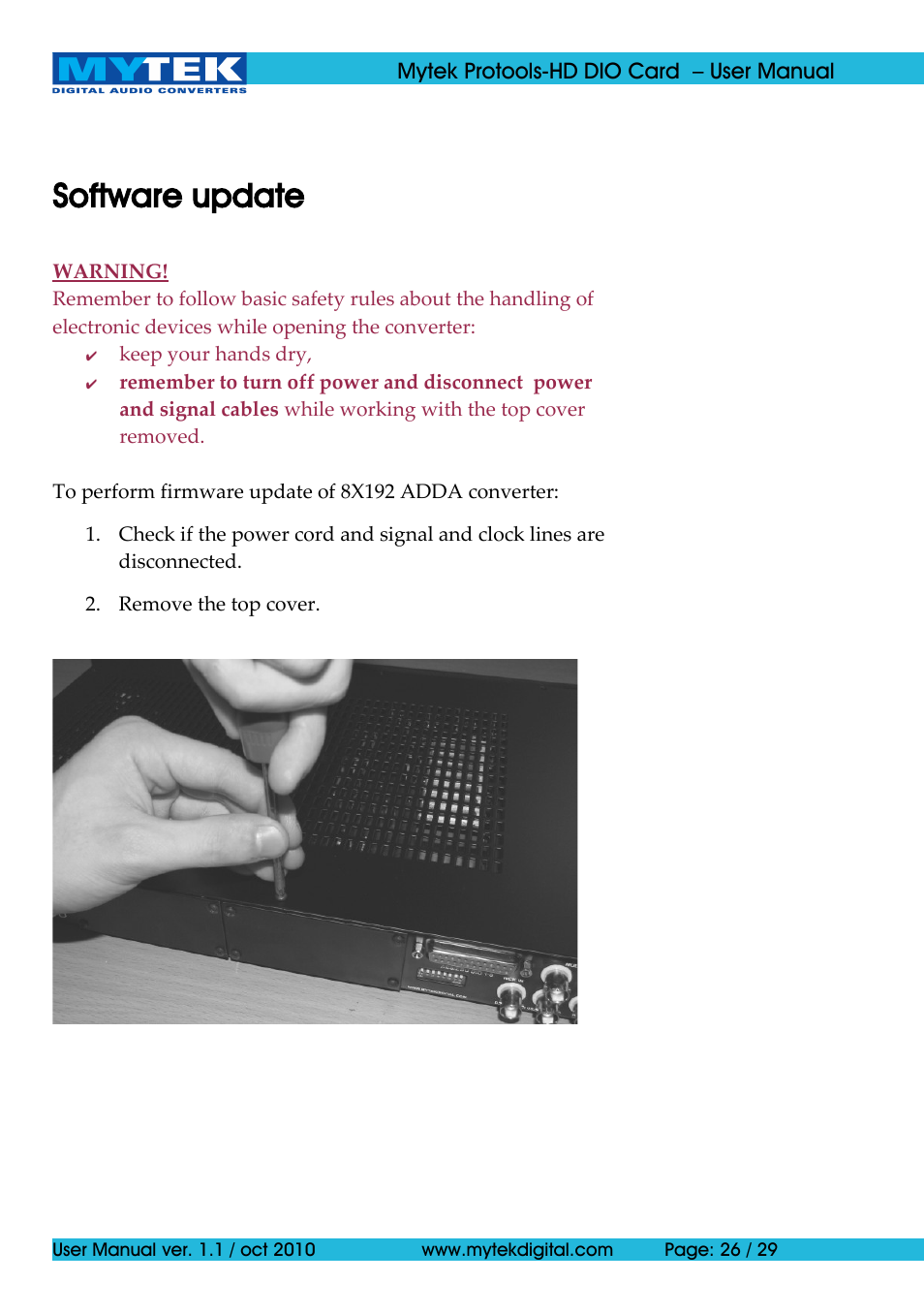 Software update | Mytek Digital Protools HD DIO Card (ver. 1.1 / Oct 2010) User Manual | Page 26 / 29