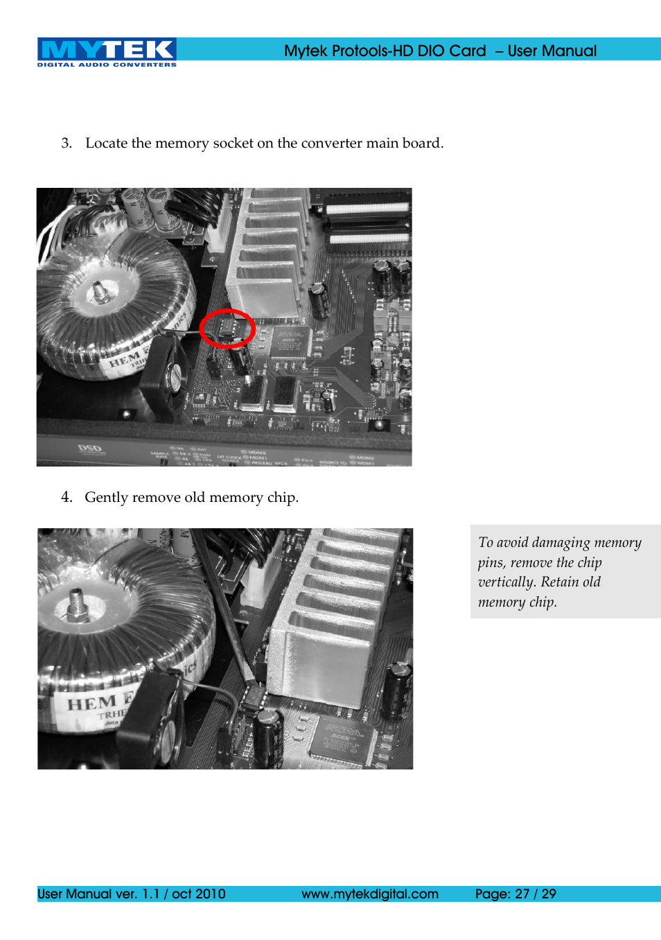 Mytek Digital Protools HD DIO Card (ver. 1.1 / Oct 2010) User Manual | Page 27 / 29