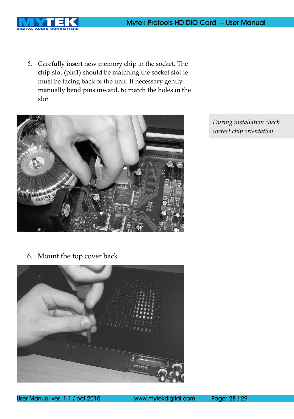 Mytek Digital Protools HD DIO Card (ver. 1.1 / Oct 2010) User Manual | Page 28 / 29