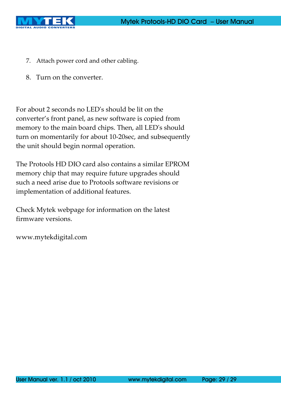 Mytek Digital Protools HD DIO Card (ver. 1.1 / Oct 2010) User Manual | Page 29 / 29